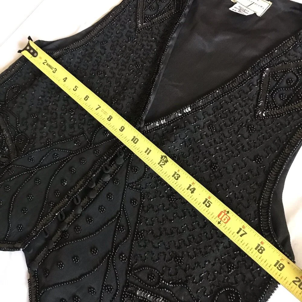 Vintage 90s Spencer Jeremy Black Beaded Sequin Silk Vest - Size M - Picture 7 of 8